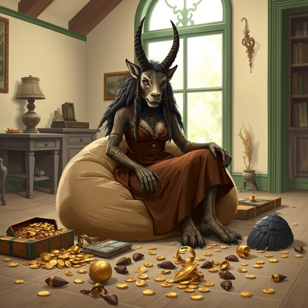 Lamashtu, wearing a brown dress, mythological hybrid, with a...