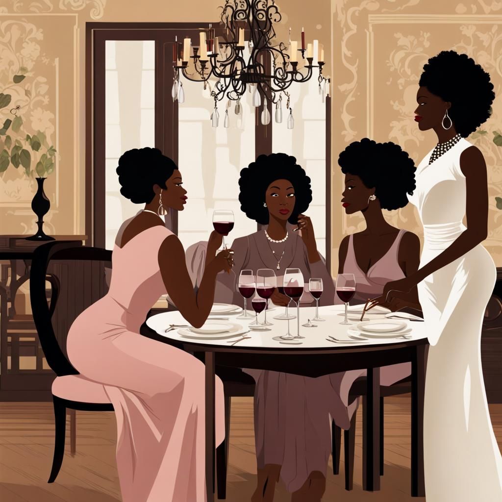 Elegant Dining Room Scene with Women Drinking Wine