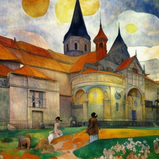 Historical Building in Watercolor, Post-Impressionist Style