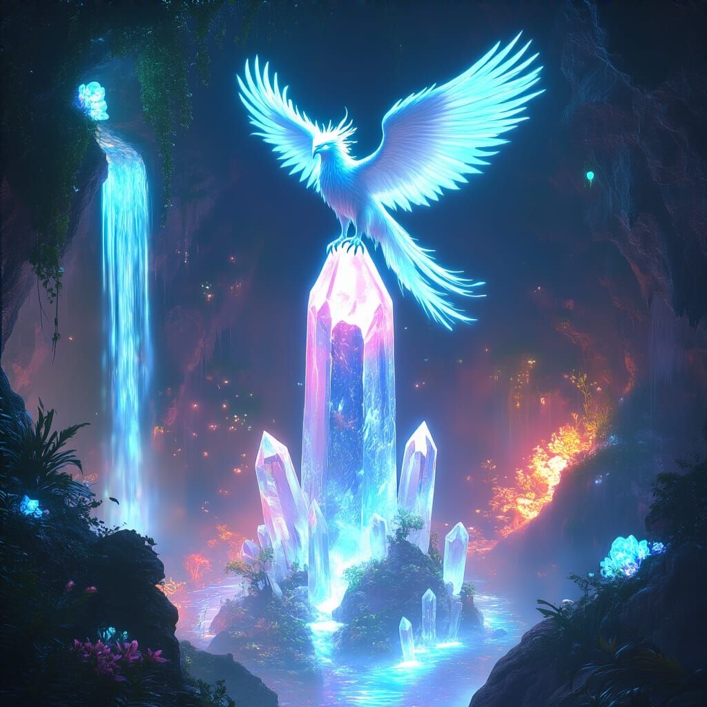 Bioluminescent Griffin in Subterranean City: Digital Art