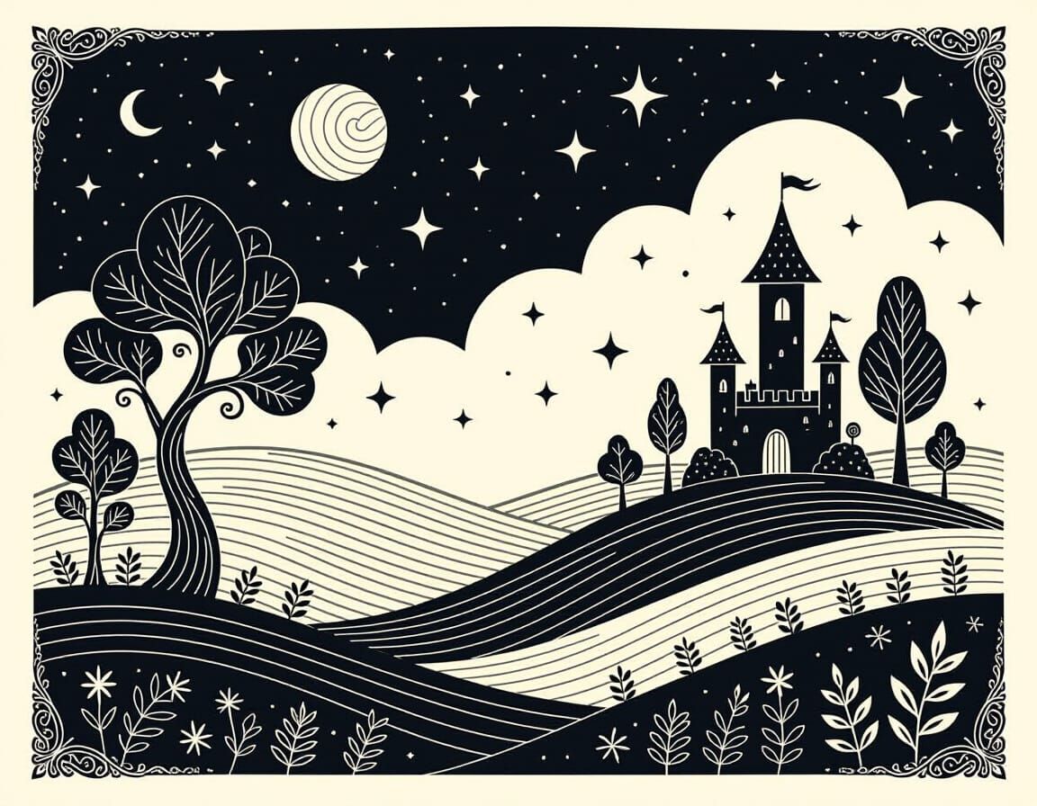 Enchanted Fantasy Line Art Illustration with Castle