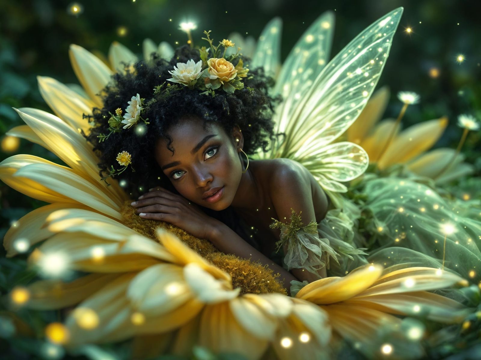 Radiant Fairy on Daisy in Enchanting Woodland