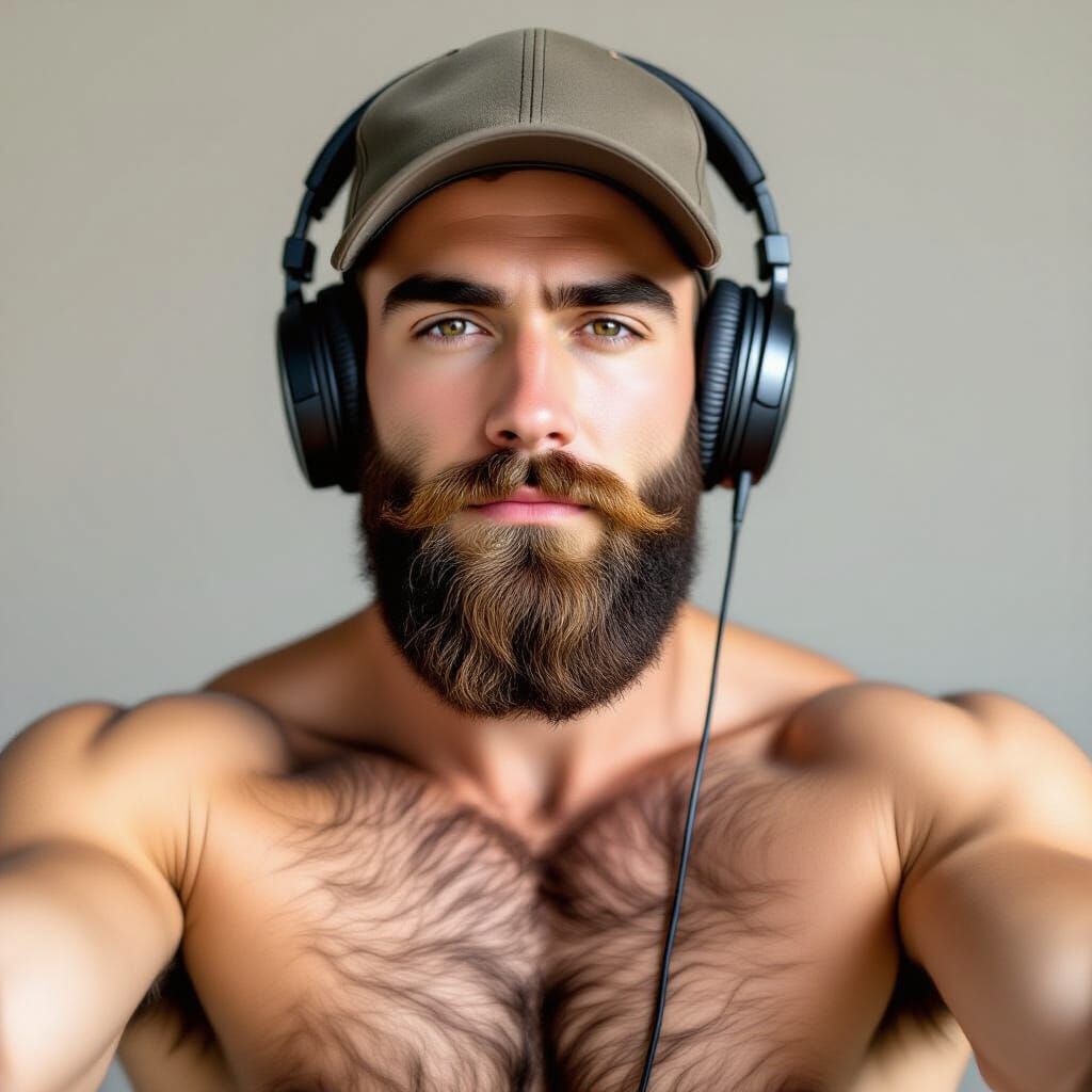 Hyper-Realistic Selfie of a Hairy Bearded Man