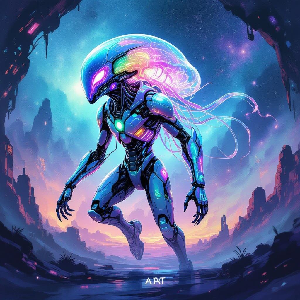 WATERCOLOUR PAINTING of A futuristic, biomechanical creature...