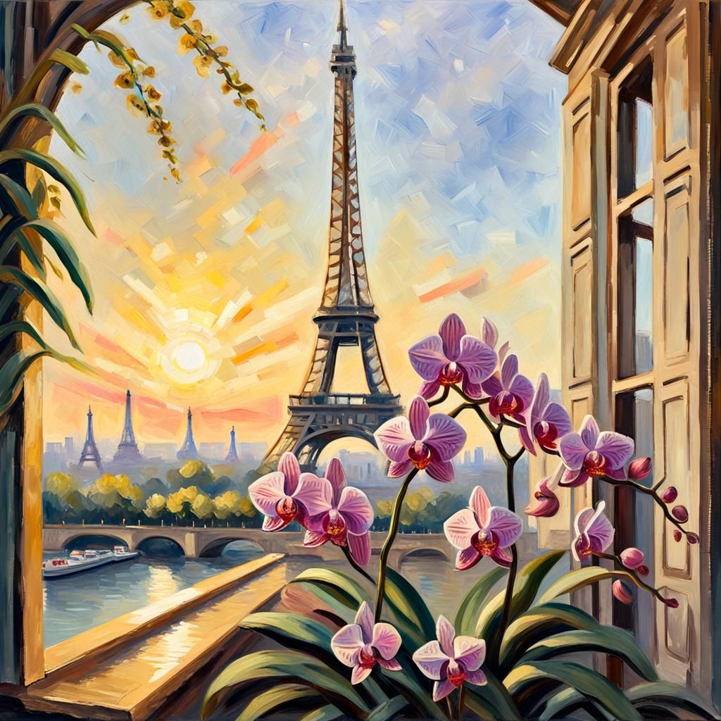Eiffel Tower and Orchids in Gouache Style