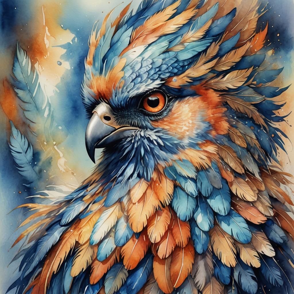 Iridescent Bird in Watercolor Fantasy Style