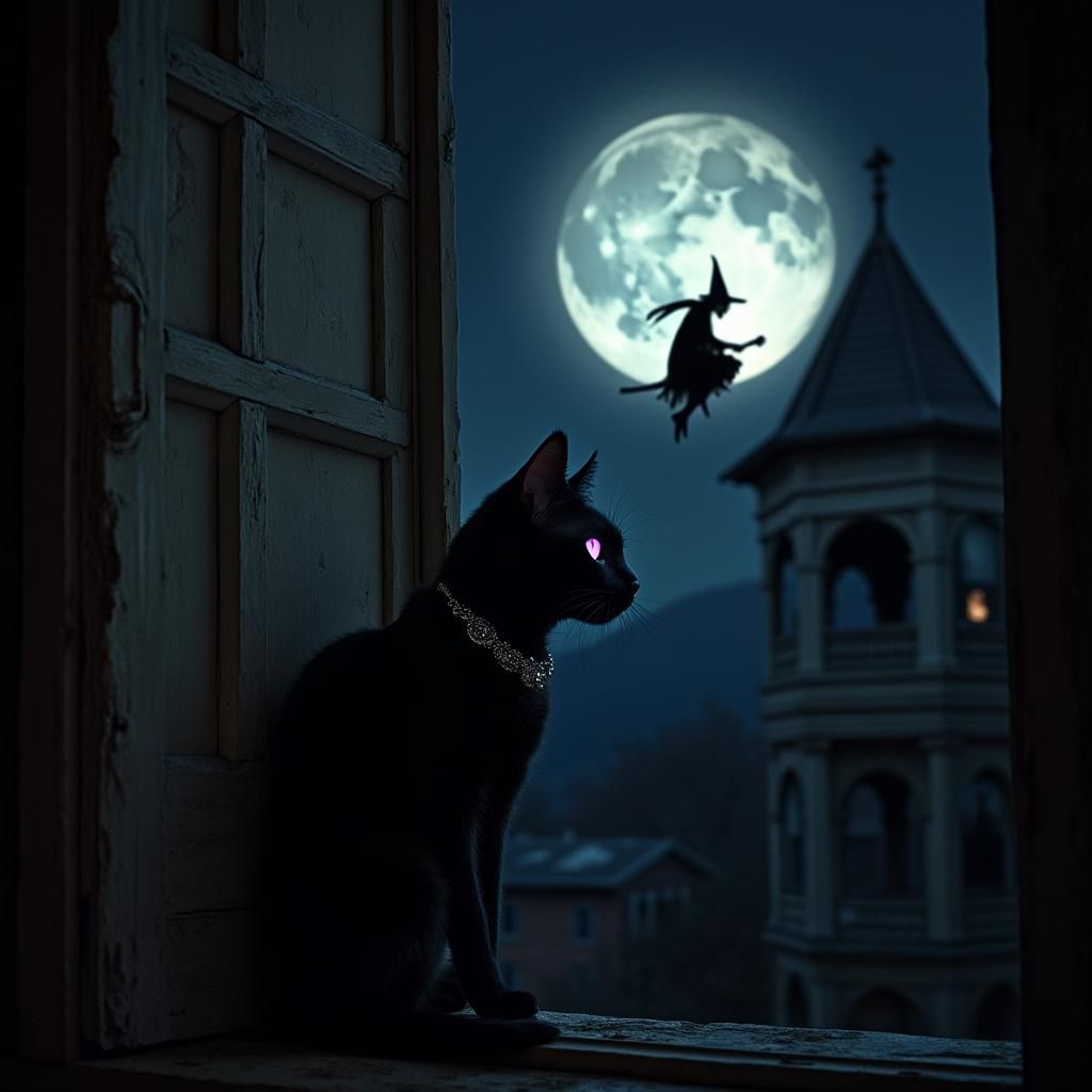 Black Cat and Witch Under the Moon: A Cinematic Still