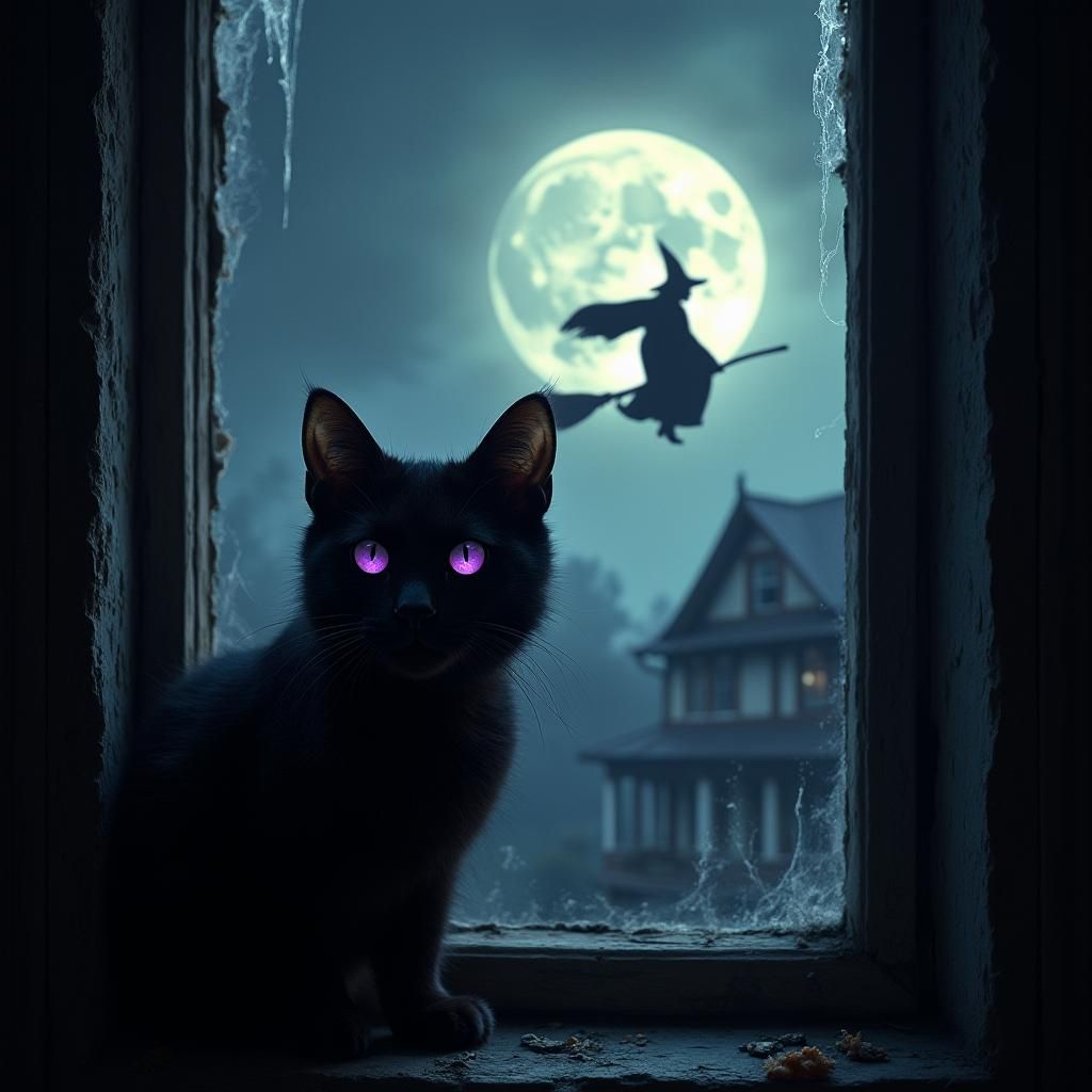 Black Cat and Witch Soaring Past the Moon