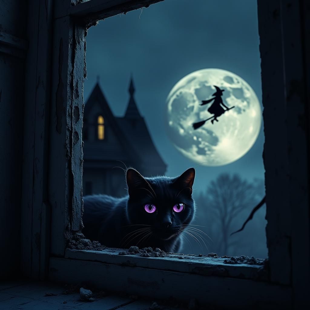 Black Cat and Witch on Broomstick in Burtonesque Style
