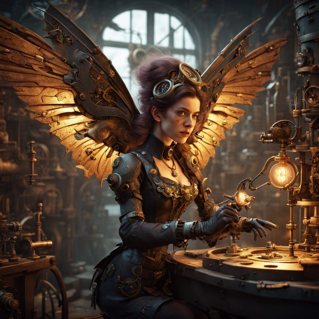 Mechanic Fairy Tinkering with Clockwork Bird