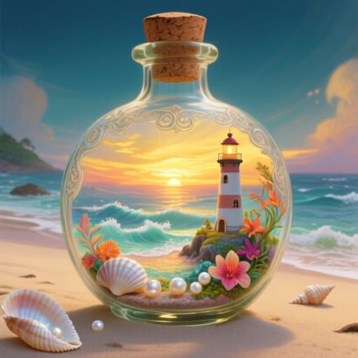 Miniature Coastal Sunset in Ornate Glass Bottle
