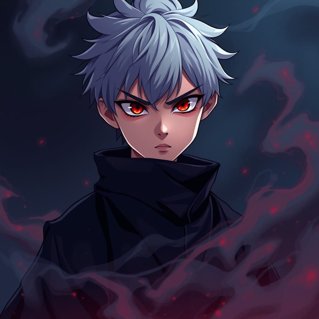 Mysterious Ninja Boy in Haunting Grey and Red