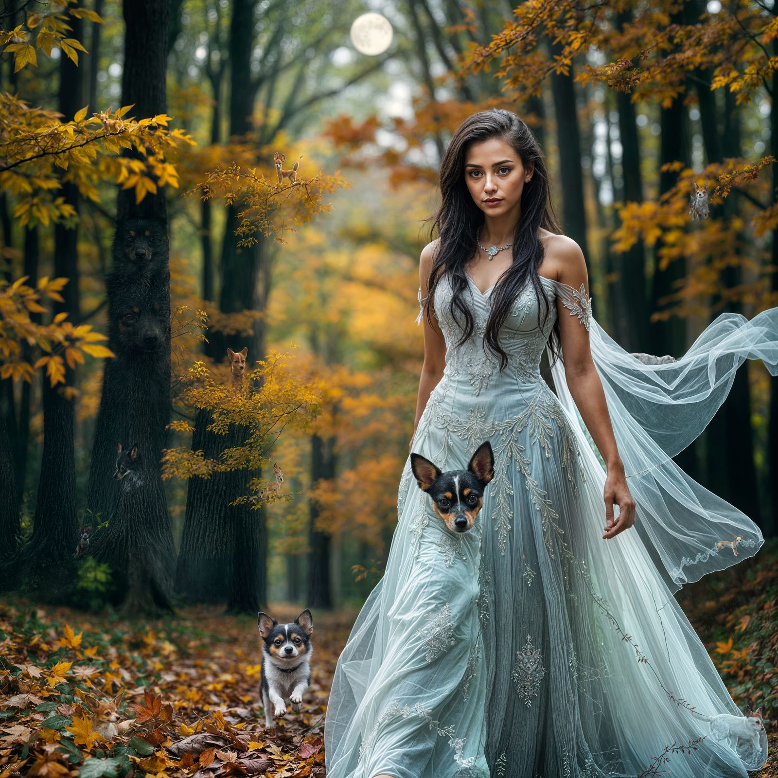 Goddess in Autumn Forest with Dog