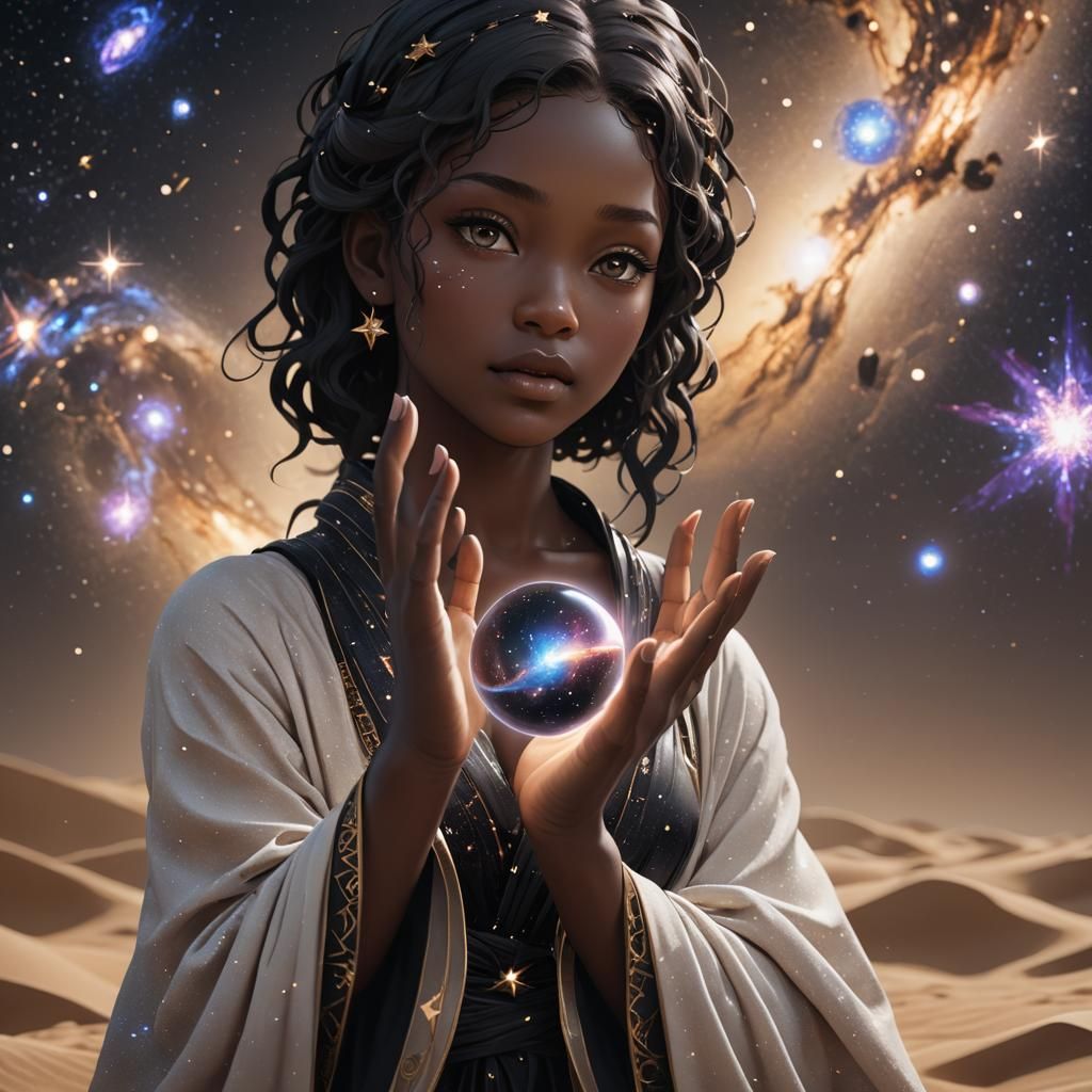 Goddess Holds Galaxy: Detailed 3D Anime Art