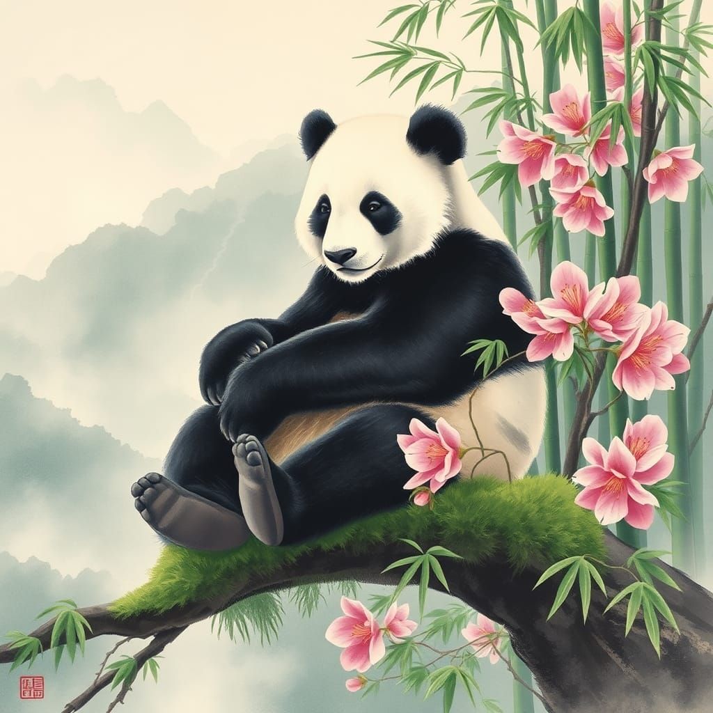 Giant Panda in Bamboo Forest: Chinese Watercolor