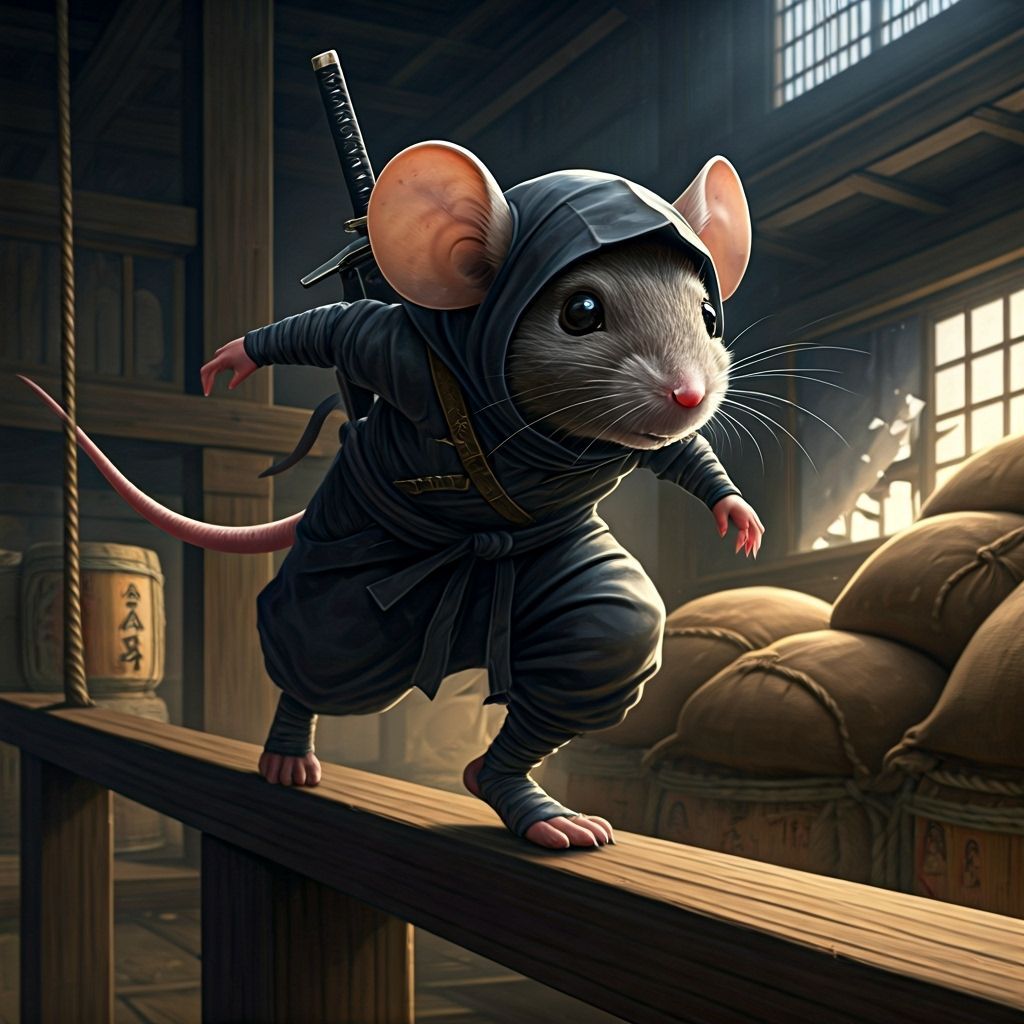 Ninja Mouse Leaping Through Warehouse in Japanese Animation