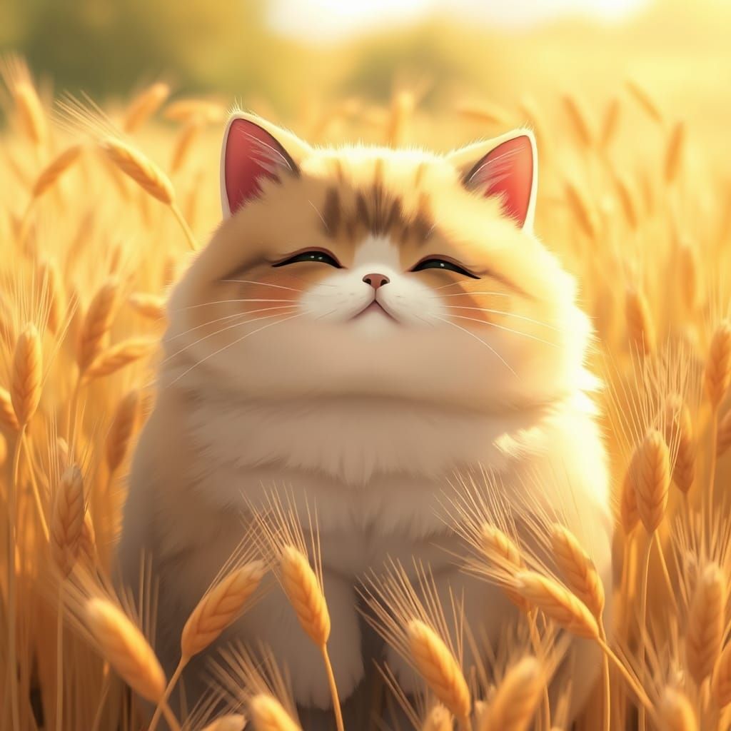Cute Cat in Wheat Field: 3D Anime Art