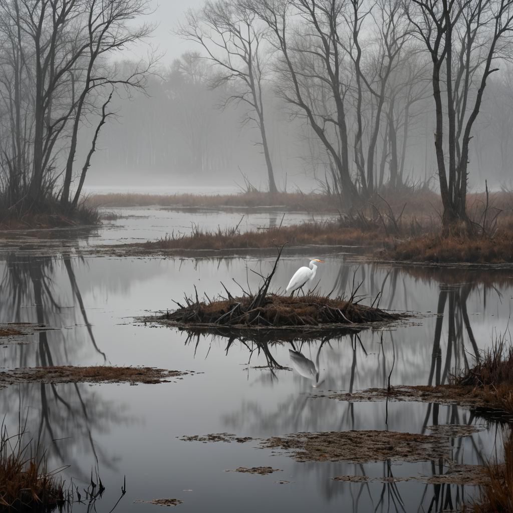 Mystical Marsh Lake with Heron in Dreamlike Fantasy