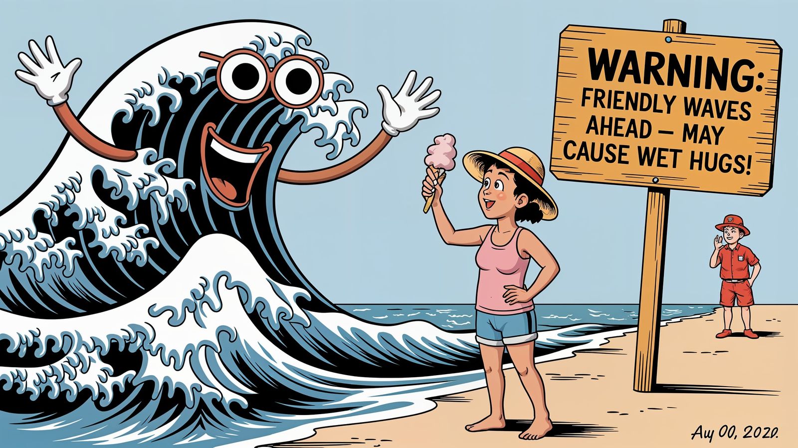 Friendly Beach Wave in Whimsical Pixar Style