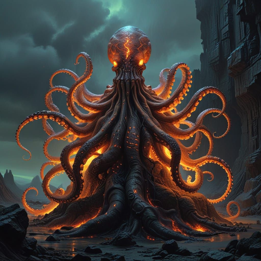Fiery, Biomechanical Octopus Erupts from Magma Sea
