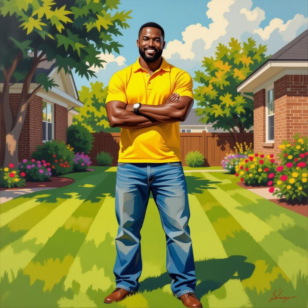 Heroic Black Dad in Vibrant Garden, Bold Brushstrokes