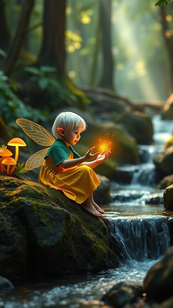 Ethereal Elf Child in Sunlit Forest