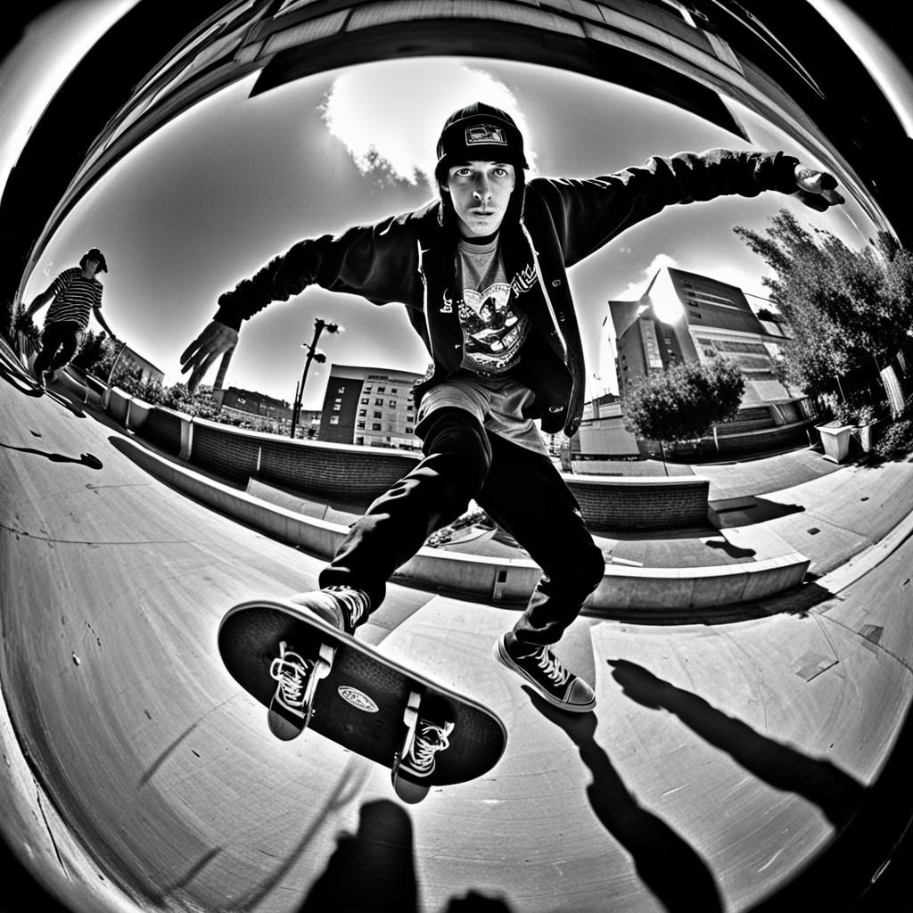 90s Urban Skateboarder Stunts: Fisheye Lens Photo