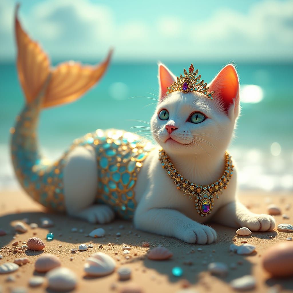 Regal Mermaid Cat on Sun-Kissed Beach with Majestic Tail and...