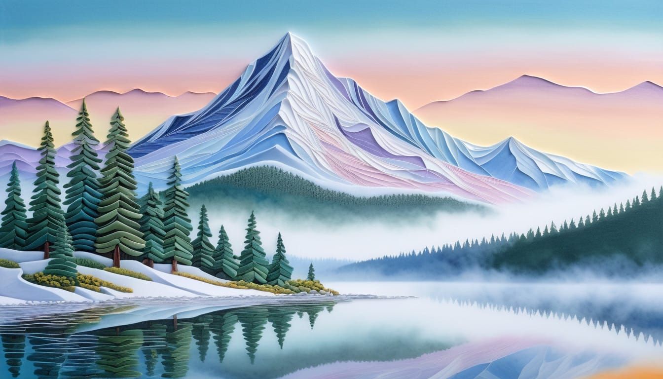 Lush Watercolour Quilling Landscape of Majestic Mountain and...