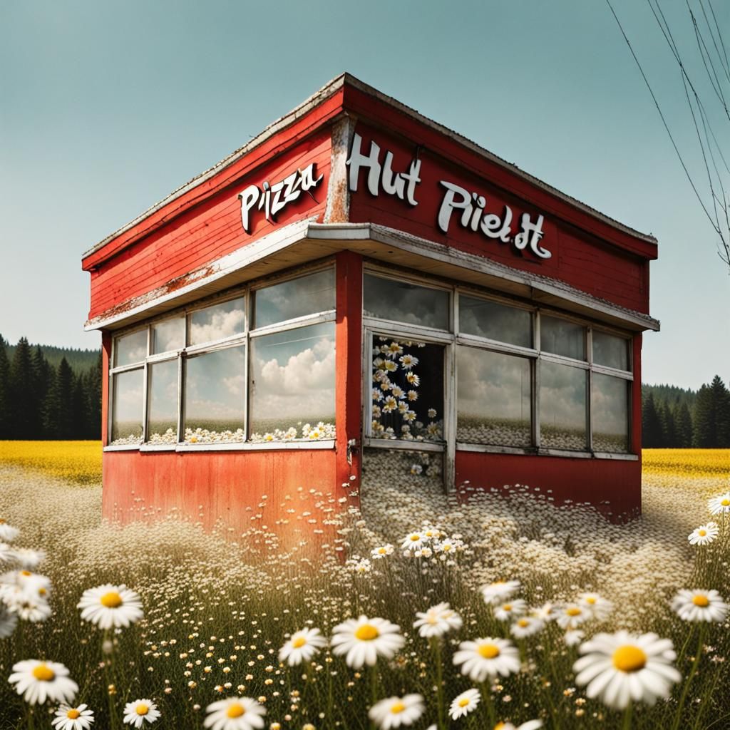 Dilapidated Pizza Hut in Daisy Field: Double Exposure