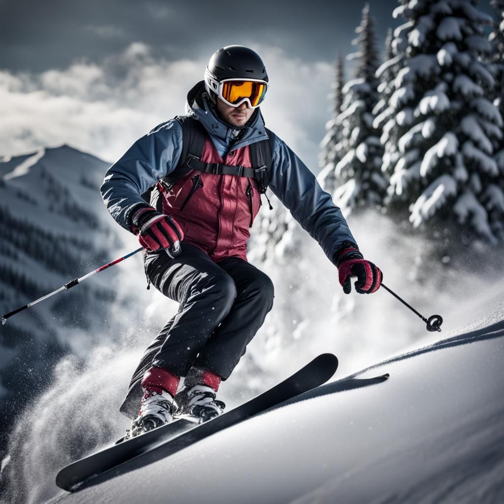 Hyperrealistic Skier in Atmospheric Lighting