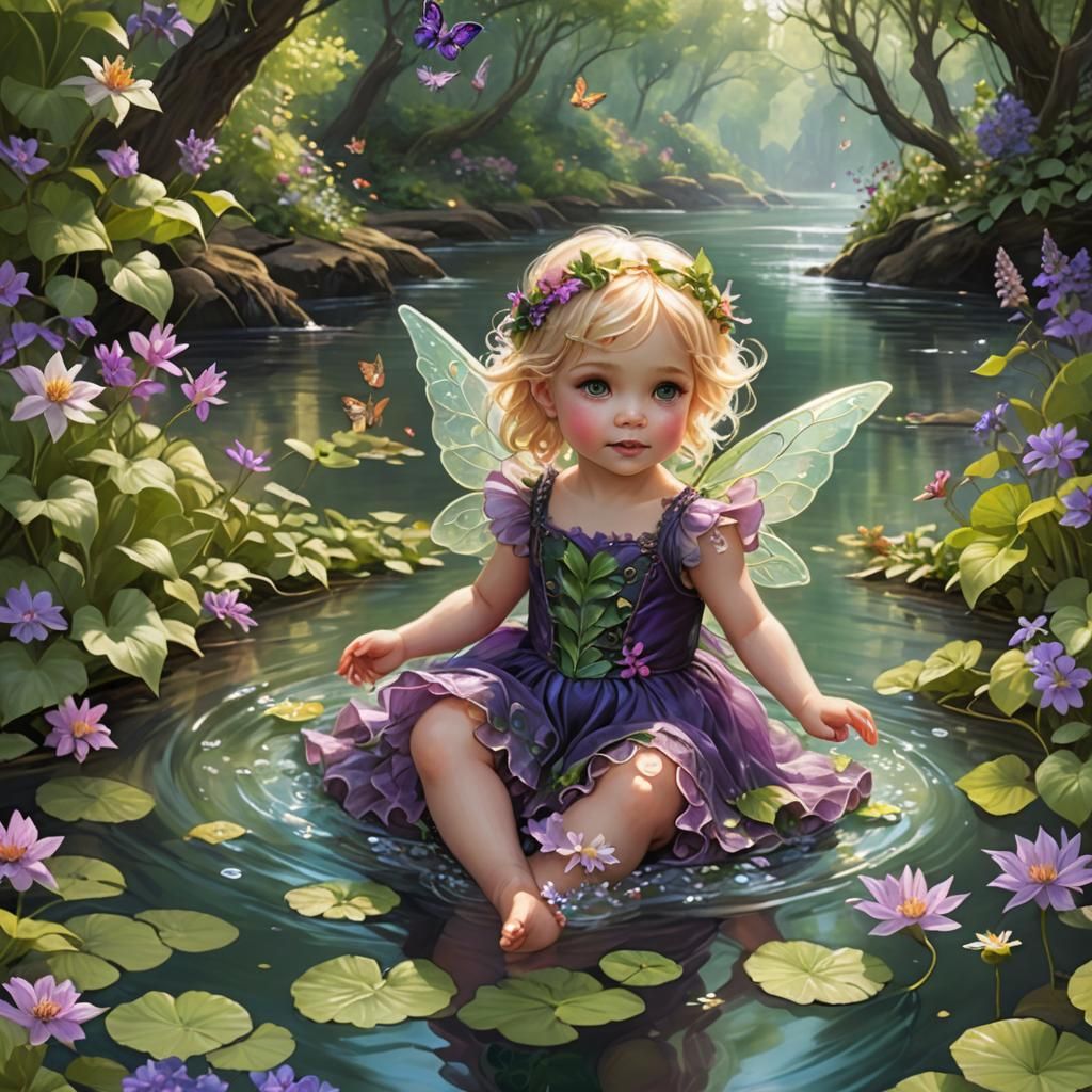 Toddler Fairy by River in Hyperreal Digital Art