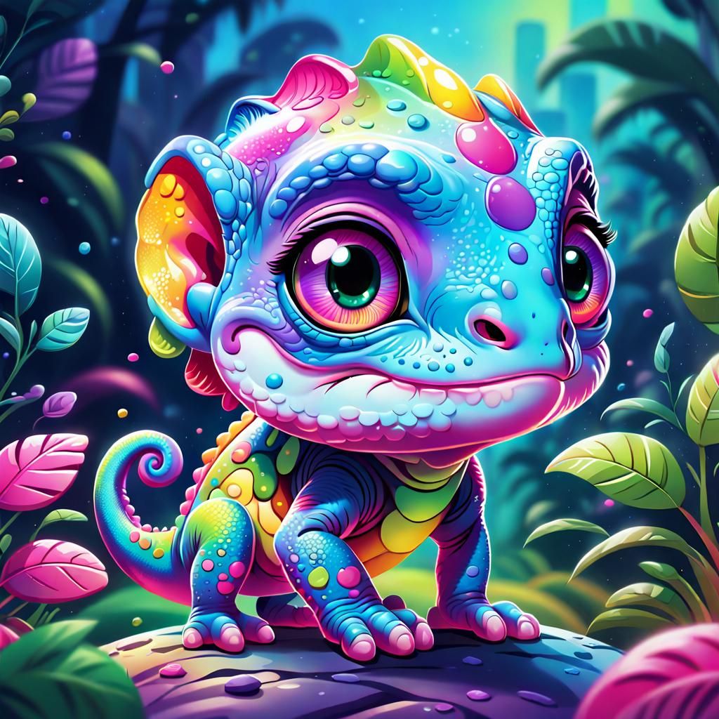 Cute Cartoon Chameleon in Lisa Frank Style