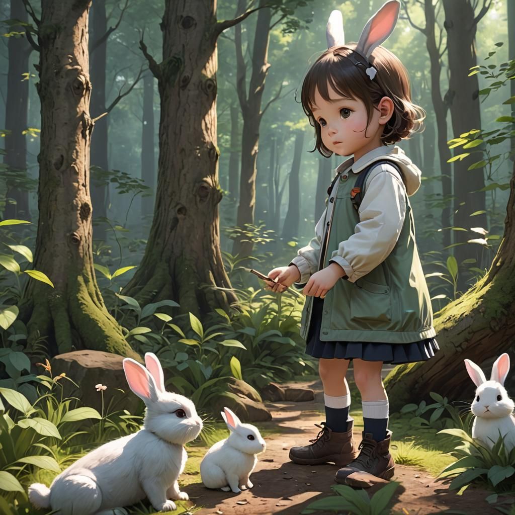 Child and Bunny in Forest, Anime Art