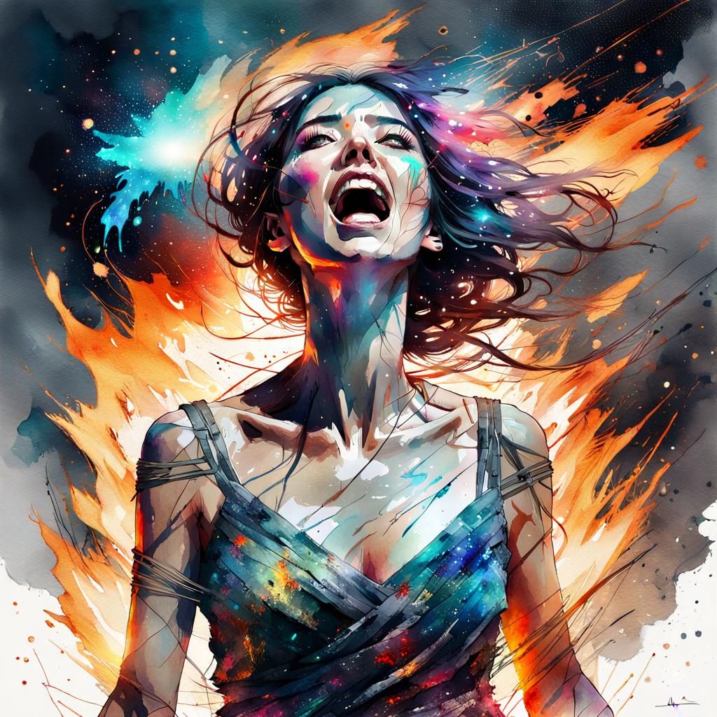 Screaming Woman in Sci-Fi Watercolor Hellscape