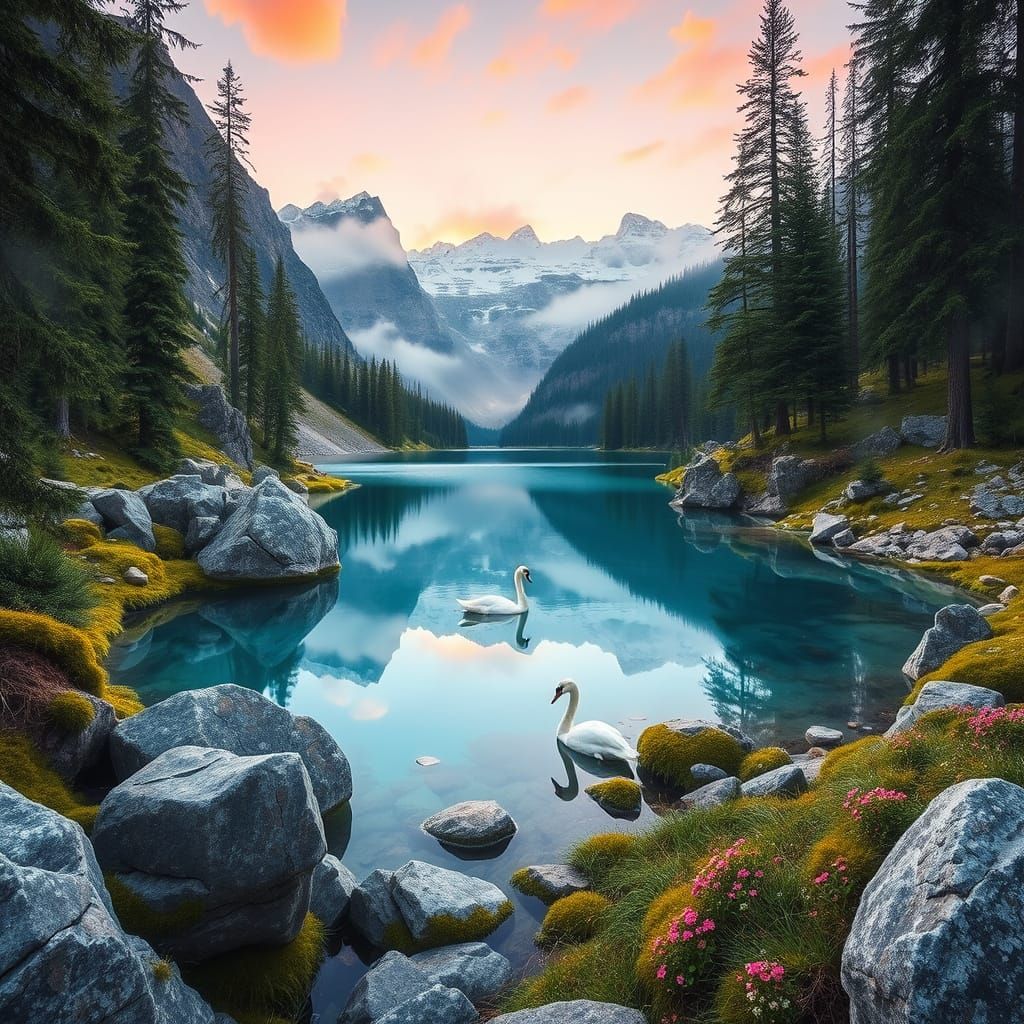 Alpine Lake Reflecting Dawn Sky in Dreamy Style