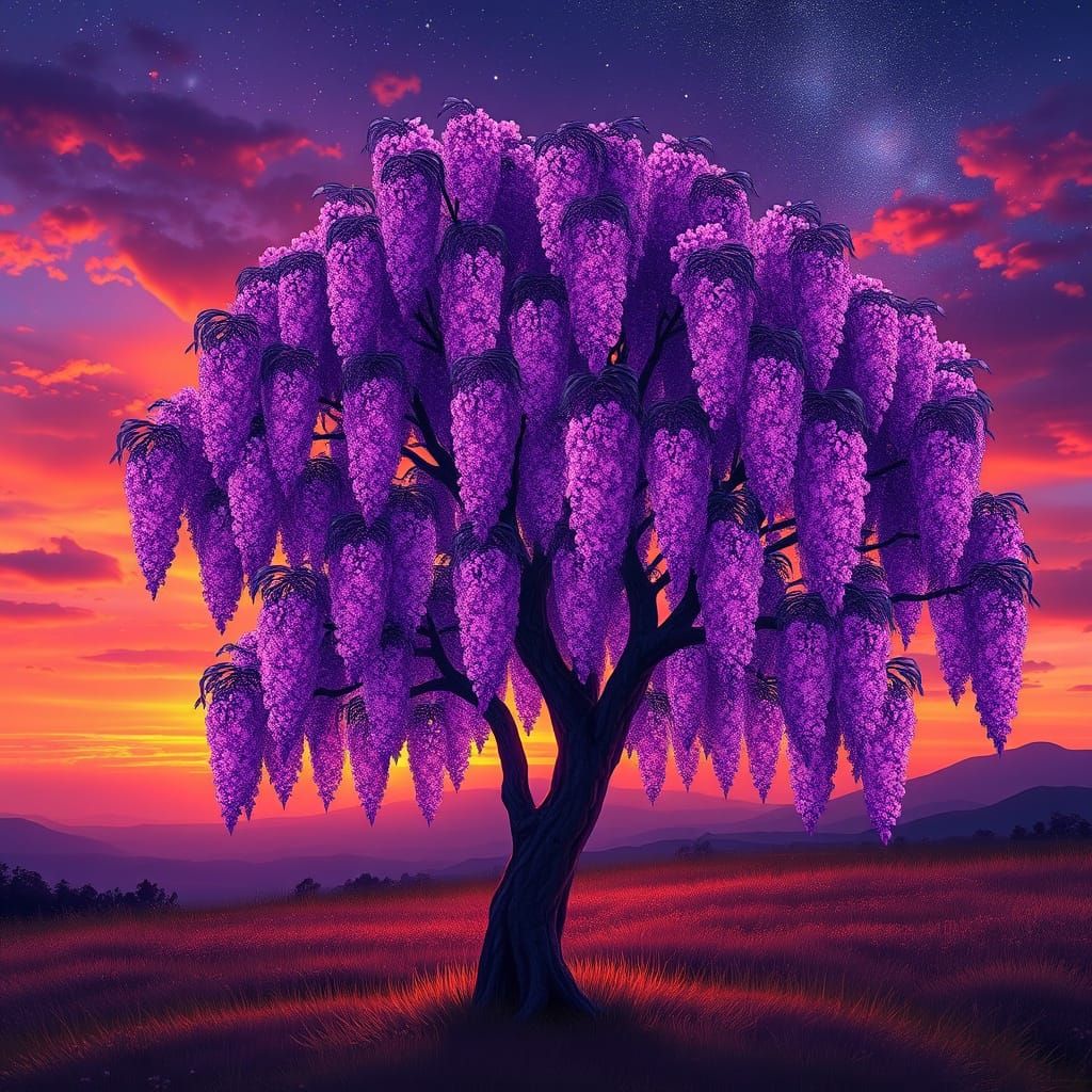 Surreal Purple Wisteria Tree Radiates Cosmic Beauty in Sunse...