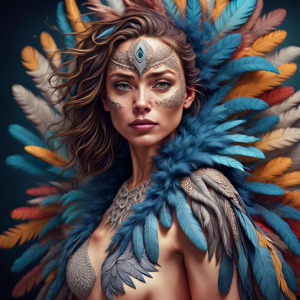 Feather-Clad Woman in Zentangle Portrait