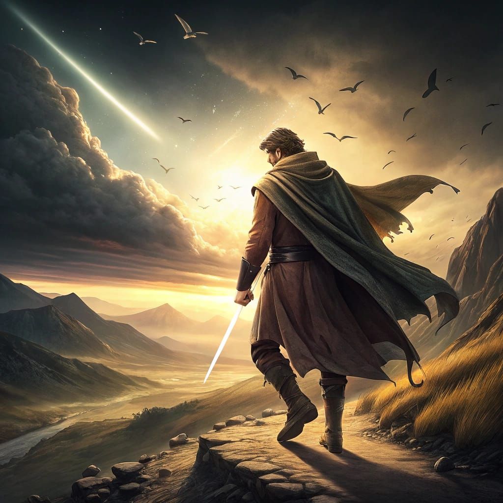 Hero's Ascent: Confident Warrior Strides into Radiant Horizo...