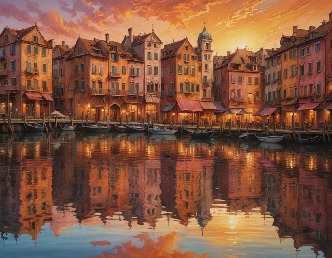 Glorious Orange Sunset Reflecting Off Marina Water