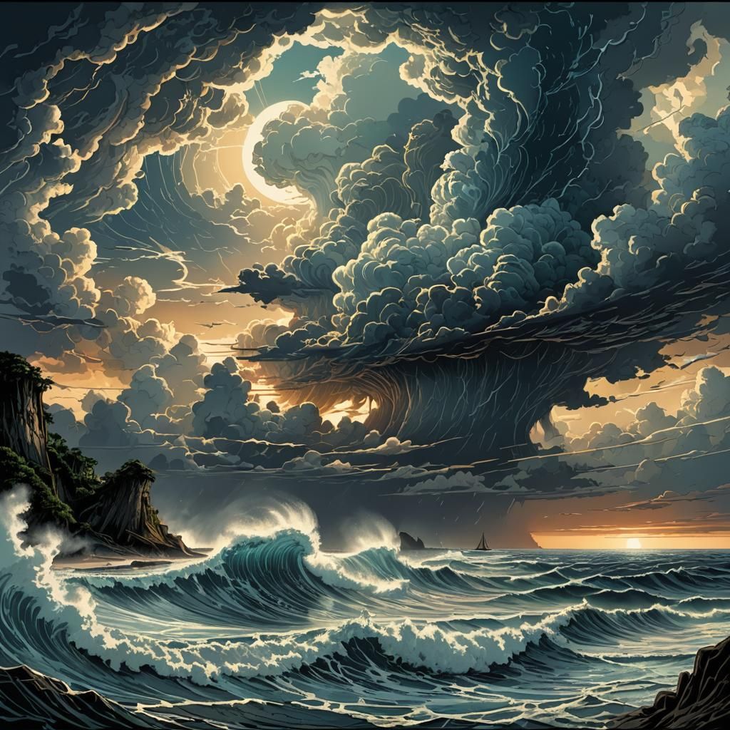 Stormy Dawn Over Indonesian Ocean: Retro Illustration