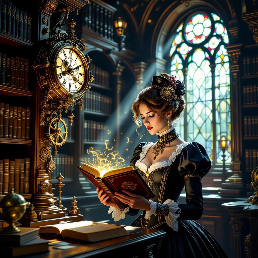 Steampunk Library with Victorian Scholar, Hyperrealistic Sty...
