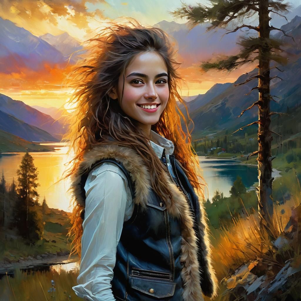 Smiling Woman by Lake at Sunset
