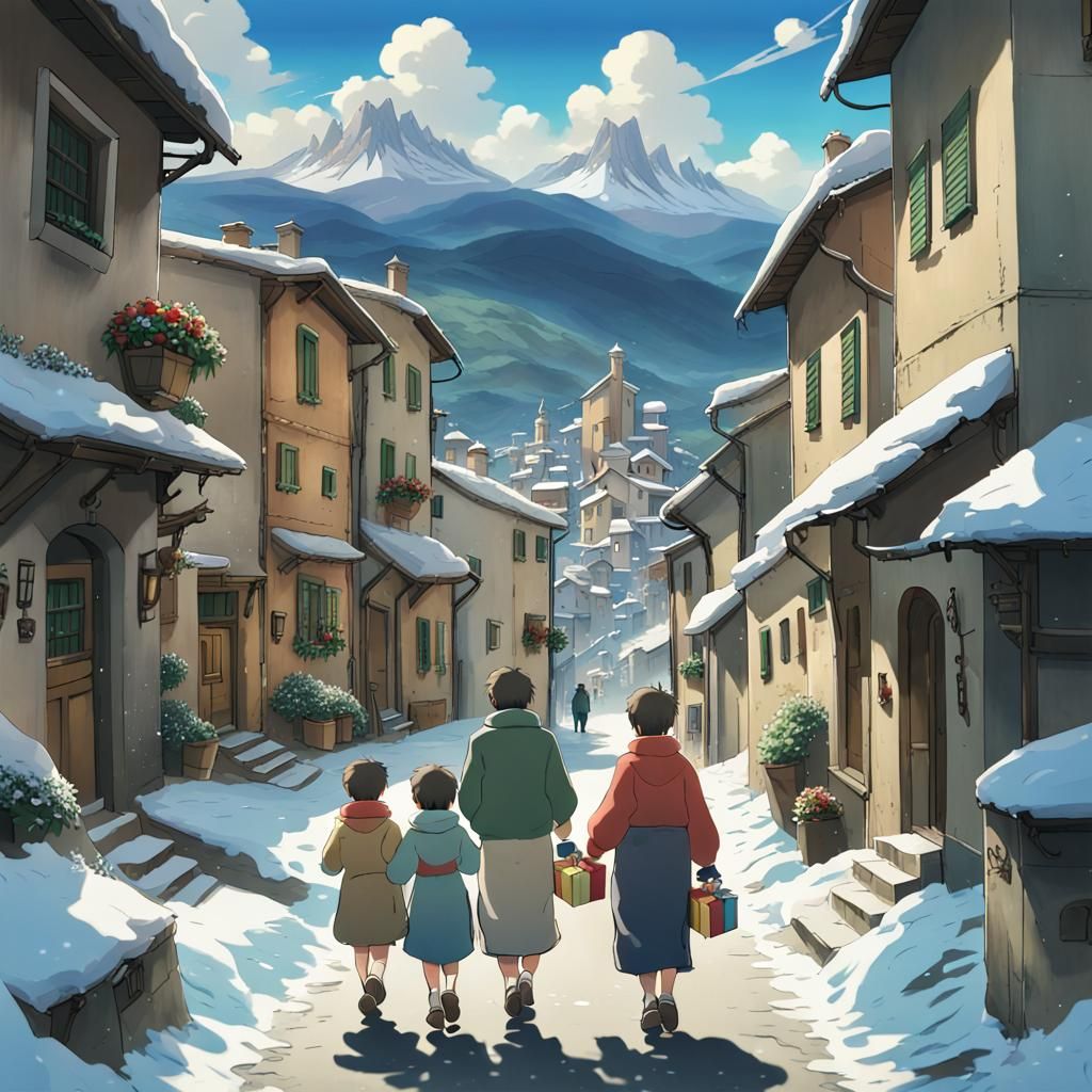 Italian Village Family in Snow: Ghibli Anime Style
