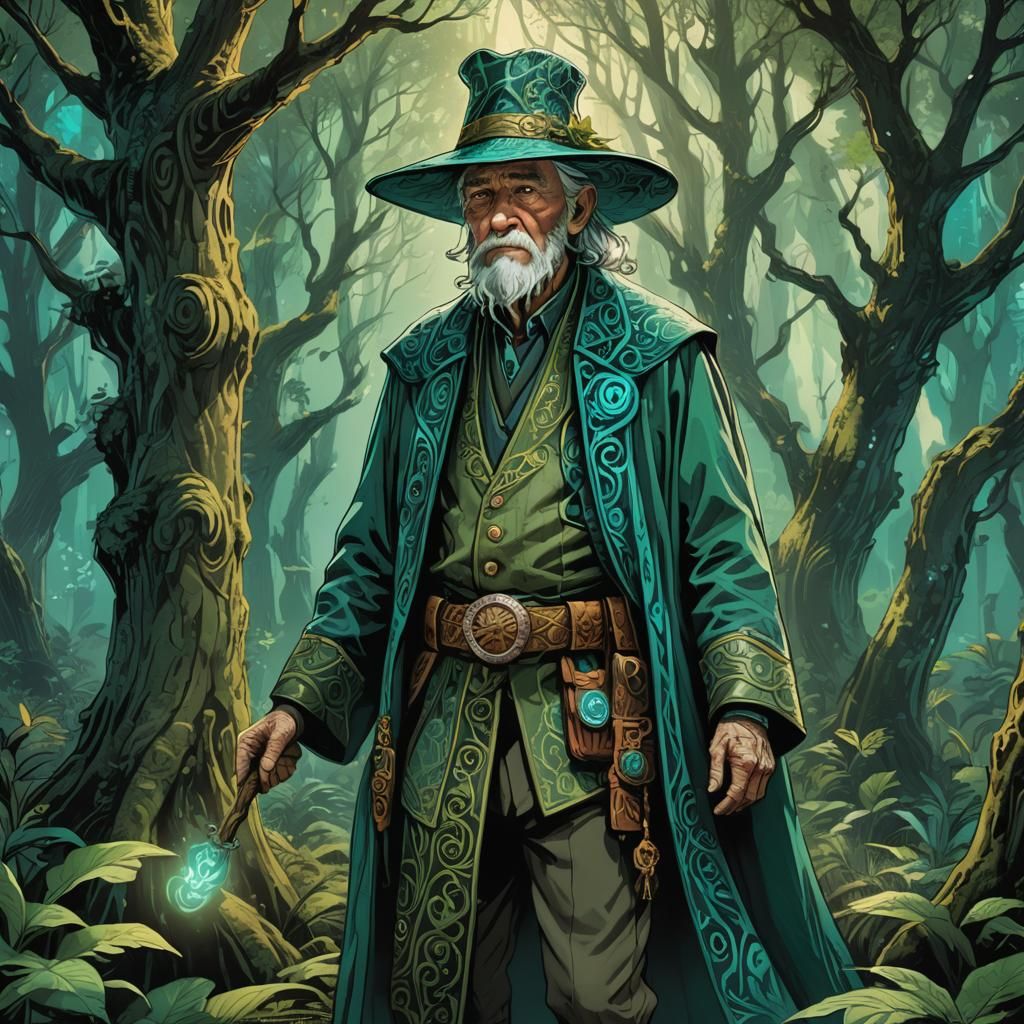 Elderly Man in Mystical Forest, Comic Book Style