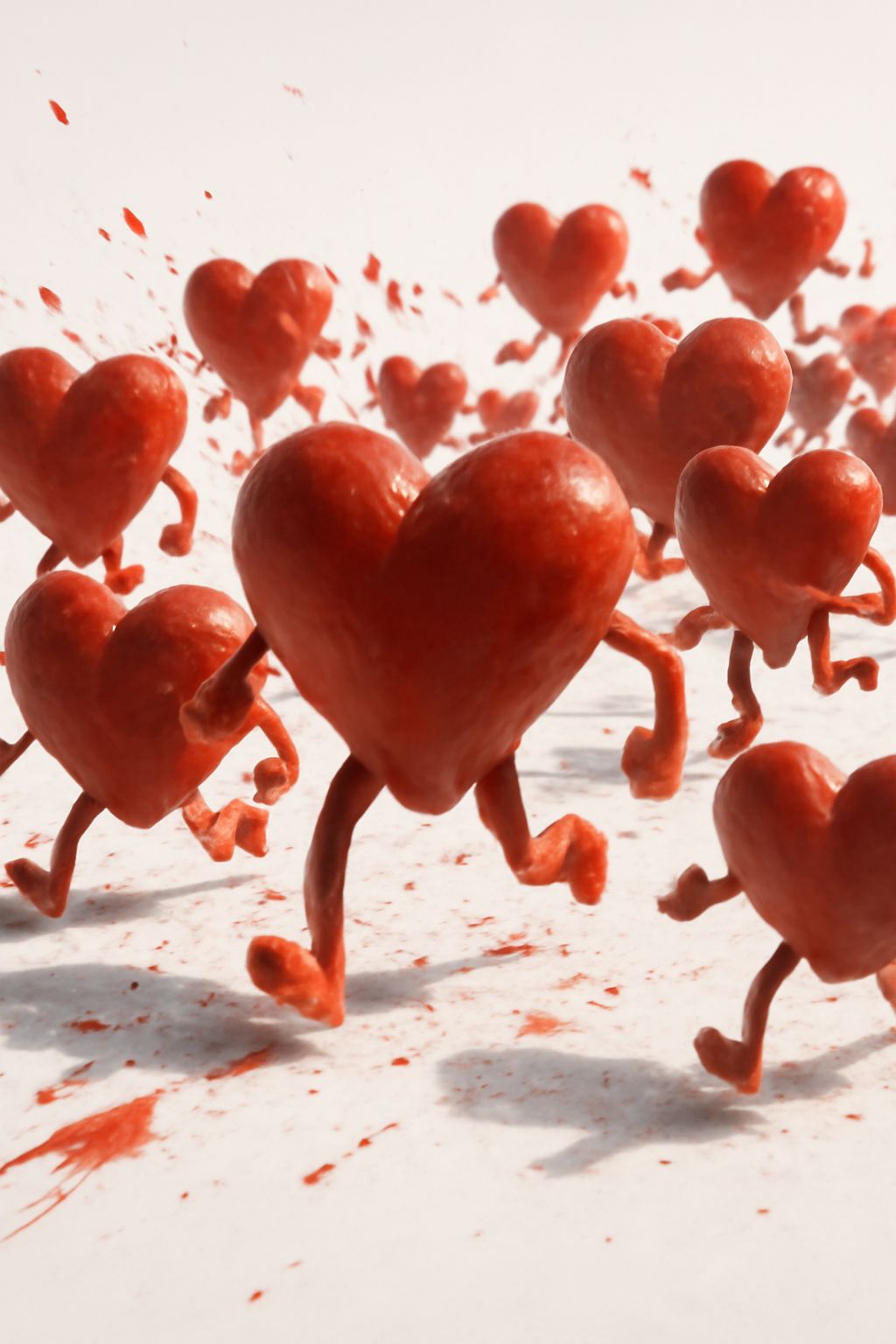 Abstract Hyperrealistic Red Hearts Run in Chaos