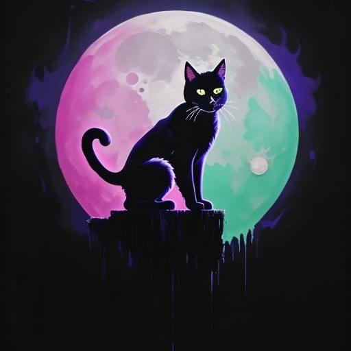 Cartoon Black Cat on Moon Mission in Pop Art Style