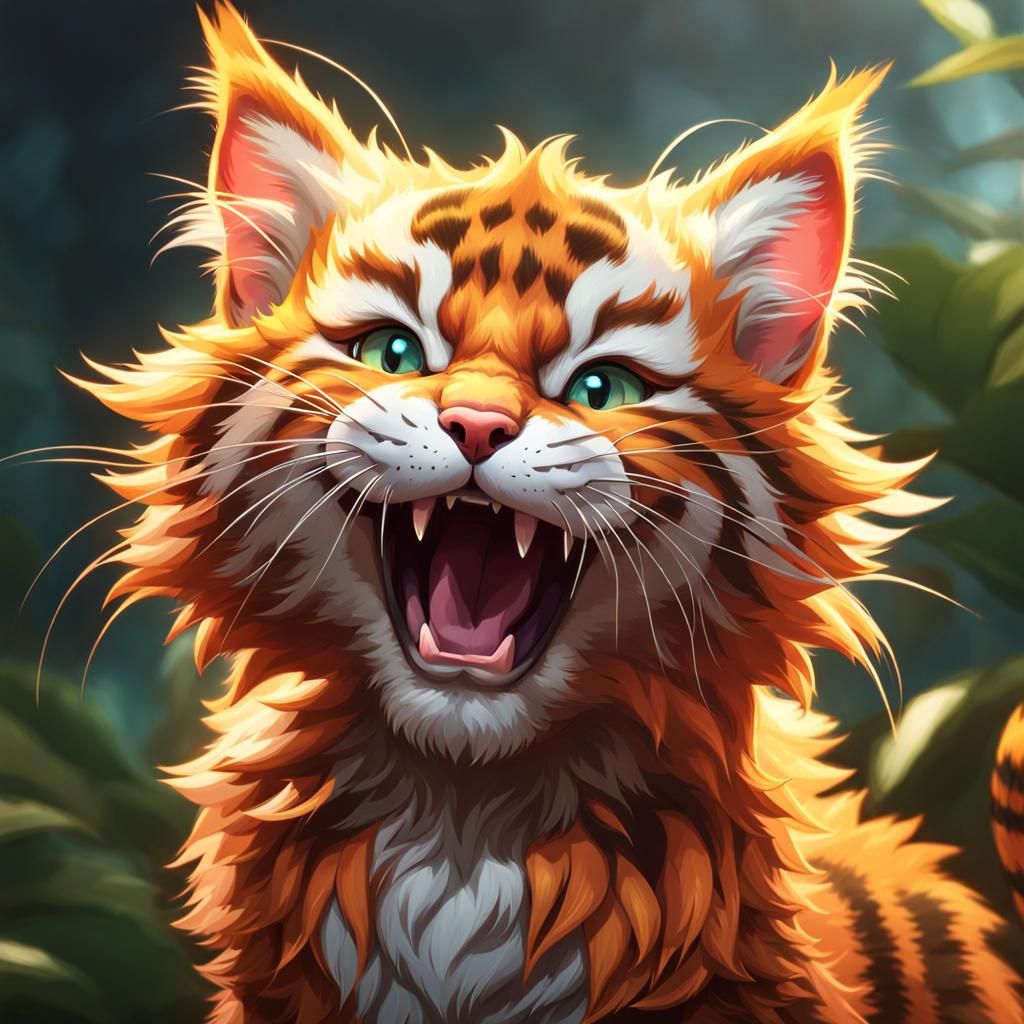 Cute Ginger Kitten Roaring, Digital Art Portrait