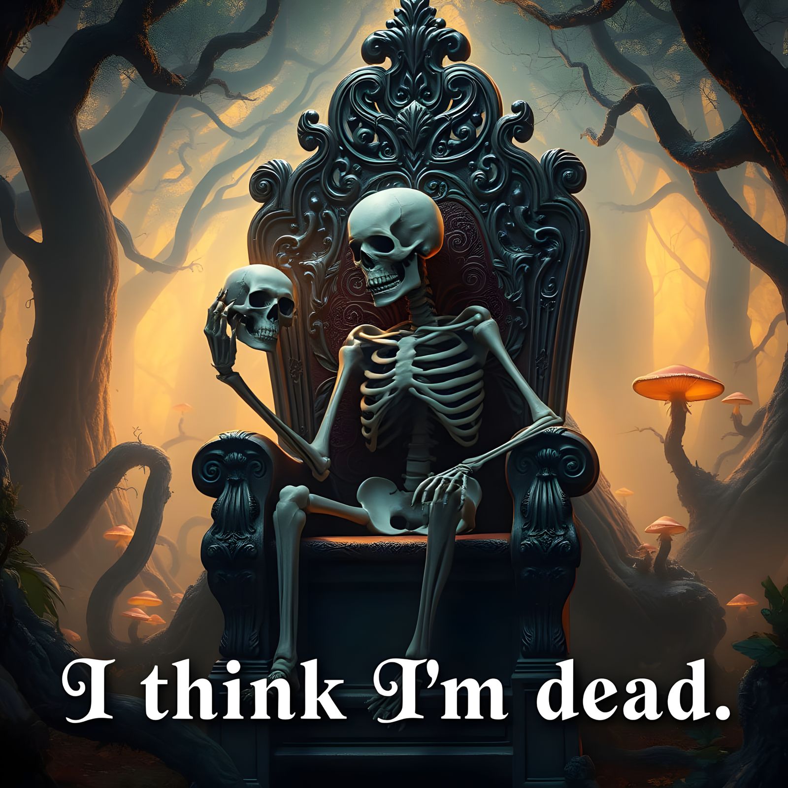 Skeleton Contemplates Mortality in Vibrant Fantasy Landscape