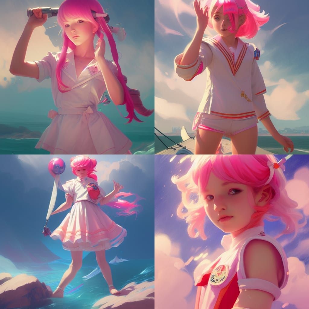 Pink Haired Girl in Sailor Suit, Art Nouveau Style